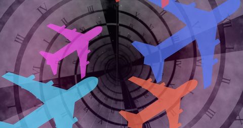 Colorful Airplane Silhouettes Over Spiral Background Creates Dynamic Contrast