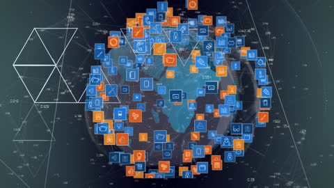 Global Network Communication with Digital Icons on Globe