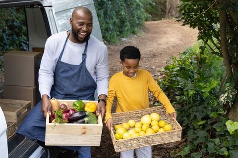 African american father and son carrying fresh farm produce and lemons from market van