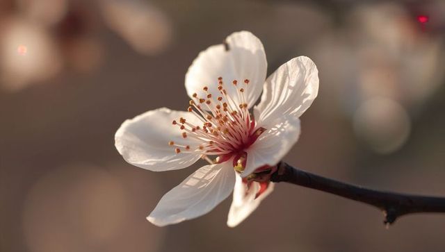 Blooming white blossom revealing pink stamens on slender branch with golden bokeh