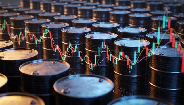 Oil barrels displaying candlestick chart overlay for energy market and commodity trading