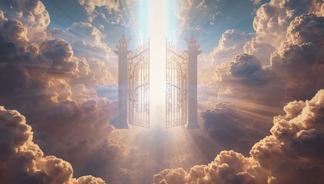 Golden Heaven Gates Radiating Spiritual Light Amid Clouds
