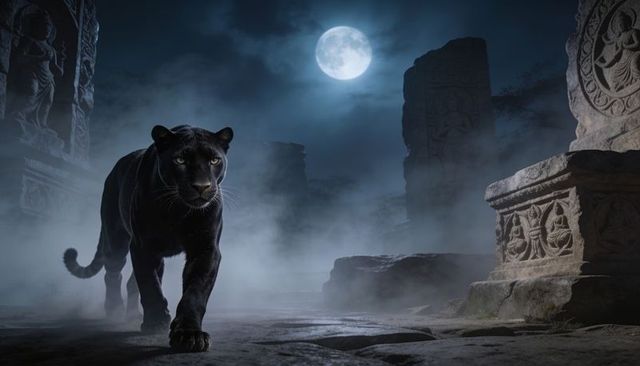 Midnight black panther prowling moonlit ancient temple ruins through mist under full moon