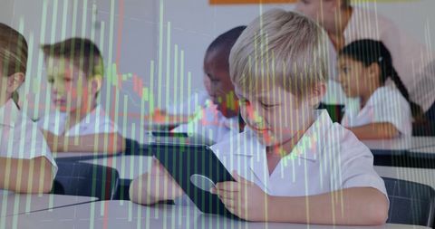Children Using Tablets in Class with Finance Data Overlay