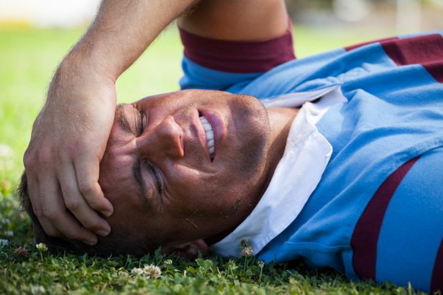 Rugby player lying on the field, holding his head in pain, indicating a sports injury. Useful for articles or advertisements related to sports injuries, athlete health, rugby, physical fitness, and sports safety.