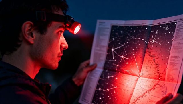 Young man studying star chart under red headlamp at night for astronomy navigation