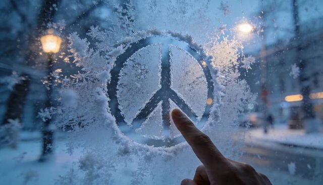Finger drawing peace symbol on frosted window at dusk with snowy urban street lights