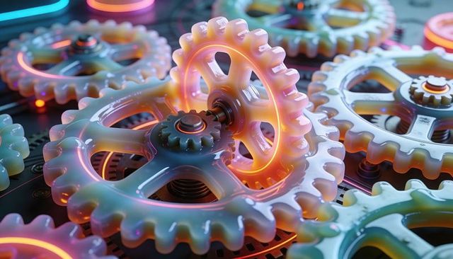 Translucent neon gears meshing with metal pinion on dark circuit bed, glossy macro closeup