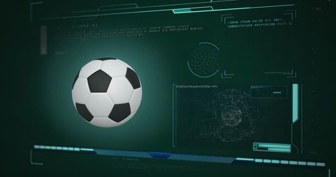 Digital interface analyzing soccer ball with futuristic data
