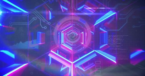 Neon hexagonal tunnel with futuristic hud, holographic interface and glowing prism geometry