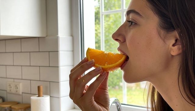 Young woman biting juicy orange wedge by kitchen sink in natural daylight closeup