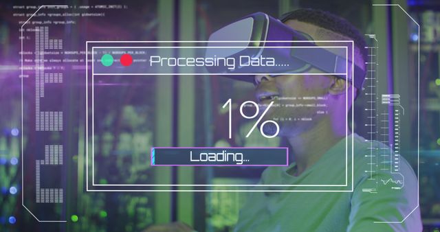 Composition of data processing over african american man with vr headset by computer servers. Global social media, computing, data processing and digital interface concept digitally generated image.