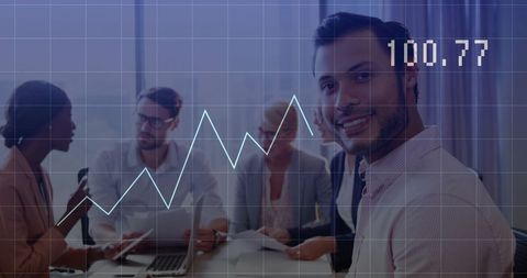 Diverse Team Collaborating in Modern Office with Digital Graph Overlay