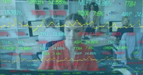 Woman Analyzing Stock Market Data on Transparent Screens