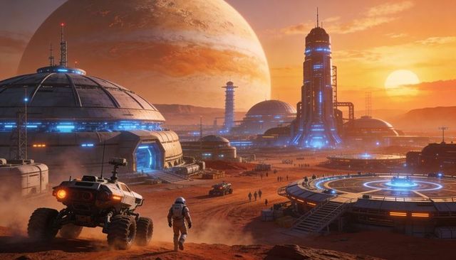 Futuristic Mars Colony at Sunset with Astronaut and Rover Approaching High-Tech Habitat