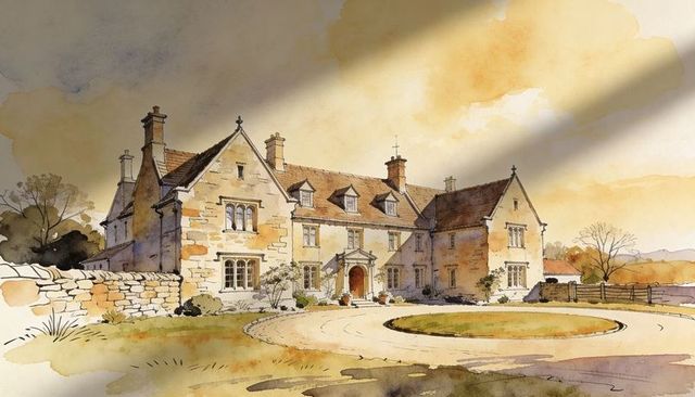 Sunlit country manor watercolor illustration featuring stone manor, circular drive, portico
