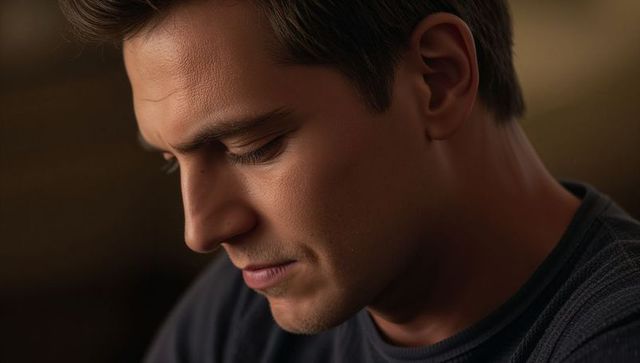 Young man lowering gaze in warm studio portrait, contemplative close-up headshot for emotion