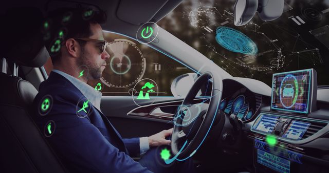 Man Utilizing Futuristic Virtual Touchscreen in Automated Car - Download Free Stock Images Pikwizard.com