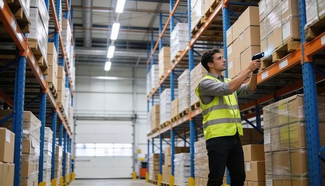 Warehouse worker scanning inventory with handheld barcode scanner on high pallet racks in modern dep