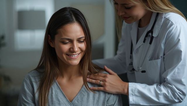 Patient receiving compassionate consultation as doctor offers reassuring shoulder touch