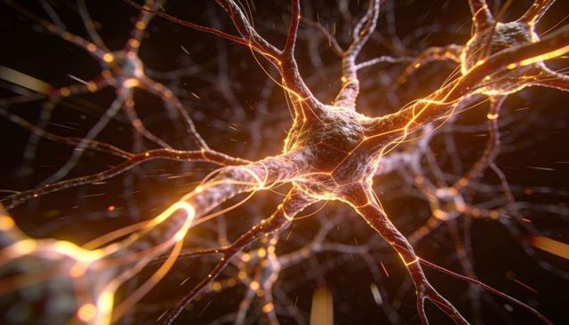 Glowing neuron soma propagating electric impulses along axon and dendrites with sparks