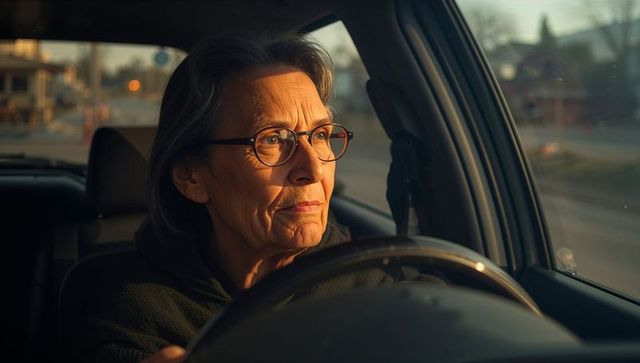 Senior woman driving at golden hour looking thoughtful through car window and steering