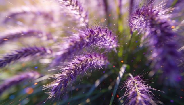 Glowing purple foxtail grass catching warm sunlight with sparkling color bokeh macro dreamscape