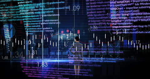 Businesswoman Analyzing Digital Data Streams Over Cityscape