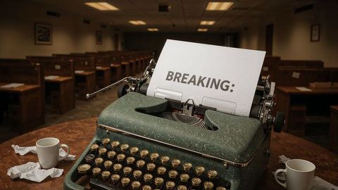 Vintage typewriter in rustic lecture hall evoking newsroom nostalgia