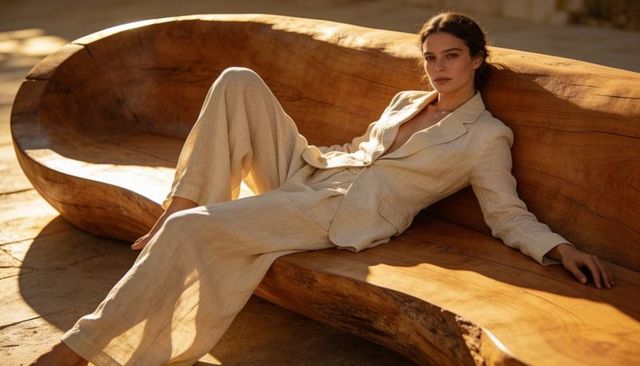 Reclining woman in beige linen suit basking in golden-hour sunlight on carved wood bench