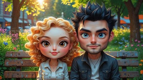 Cute couple in park sunlight, enhancing romance and nature harmony