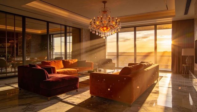Velvet sofas basking in sunset light with crystal chandelier in opulent penthouse lounge