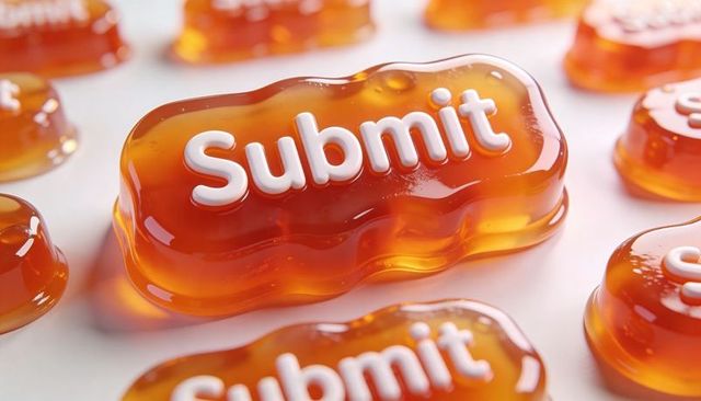 Amber gummy submit button glowing glossy translucent gel with raised white lettering