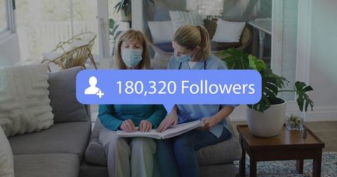 Masked nurse assisting senior reading during home visit, social media followers overlay