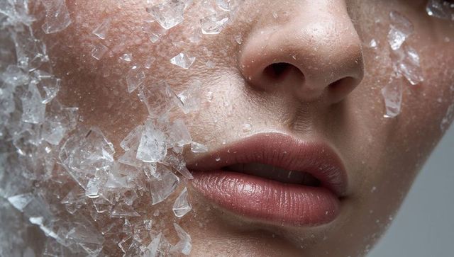 Lower face glistening with crushed ice and water droplets, macro beauty skin texture