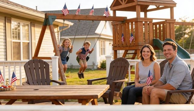 Family enjoying fourth of july backyard celebration, kids swinging on deck with us flags