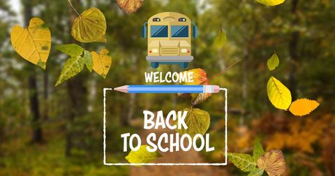 Welcome Back to School Design with Leaves and Bus Icon