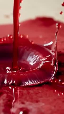 Pouring Crimson Syrup Creating Crown Splash Macro Vertical Motion Slow-Mo Viscous Drip