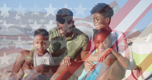 Image of usa flag over happy african american family. National patriotism concept digital generated image.