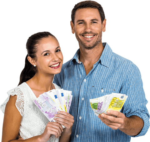 Cheerful Couple Holding European Currency Transparent Background