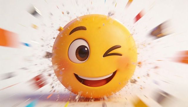 Winking emoji sphere releasing confetti with motion blur vibrant burst and glossy finish