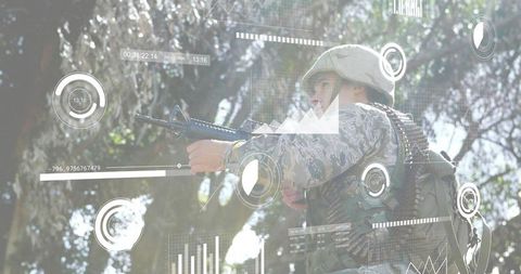 Soldier aiming rifle in woodland scanning terrain with tactical hud overlay and lensflare