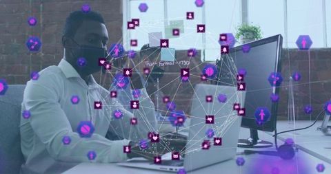 Man Working on Laptop with Digital Network Connections Overlay