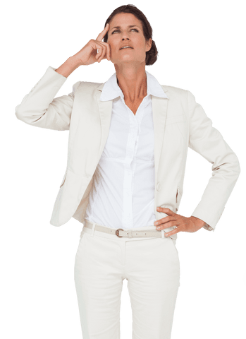 Thinking Businesswoman in White Suit with Transparent Background