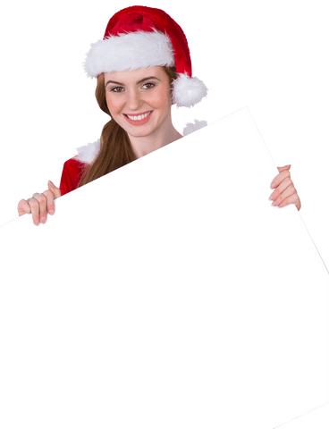 Smiling Woman in Christmas Costume Holding Blank Transparent Card