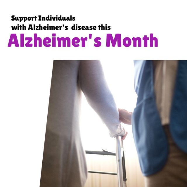 Caucasian woman with walker, support individuals with alzheimer's disease this alzheimer's month. Senior, midsection, composite, disability, disease, healthcare, mental health, awareness, campaign.