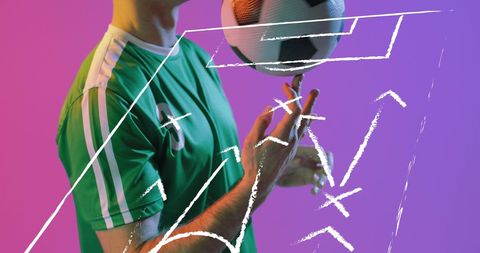 Soccer Player Balancing Ball with Digital Strategy Overlay