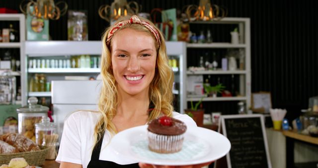 Smiling Female Barista Presenting Decadent Chocolate Cupcake - Download Free Stock Images Pikwizard.com