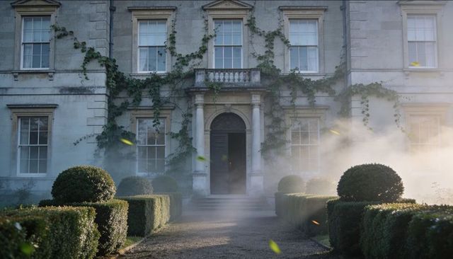 Misty georgian manor entrance shrouding ivy-clad facade and symmetrical formal garden