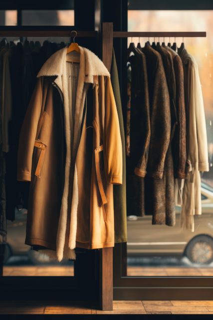 Fur-lined coats hanging on racks in a chic boutique. Ideal for fashion-related content, winter clothing promotions, articles on luxury retail, or high-end fashion advertising. Suitable for use in fashion blogs, online stores, and promotional materials.